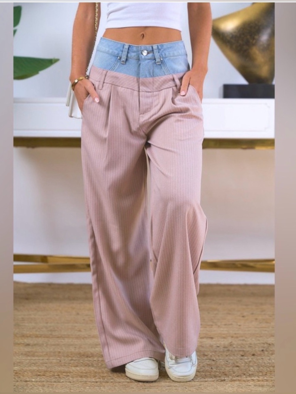 Double Waisted Two-Tone Wide Leg Pants in Blush Pink with pin stripes